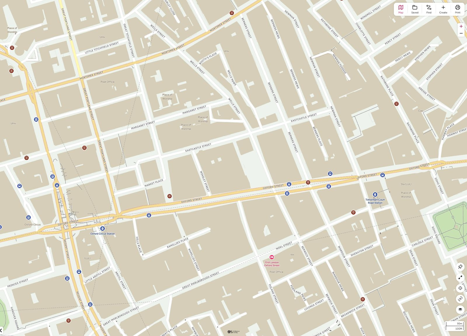 Map around Mappin House, Winsley Street in London